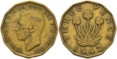 Великобритания 3 пенса 1942 Георг VI (1936-1952) KM 849, Spink 4112 никель латунь 4153-723