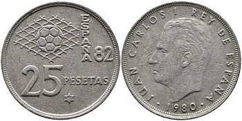 Испания 25 песет 1981 (80), Хуан Карлос, чемпионат мира по футболу Испания 82 KM 818 медно-никель 4379-1214