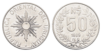 Уругвай 50 новых песо 1989 год-тип KM 94 нержавеющая сталь 4663-341