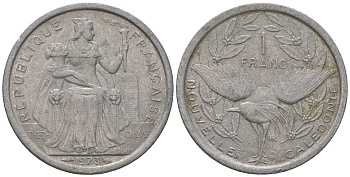 Французская Новая Каледония 1 франк 1973 птица кагу, (IEOM) KM 10, Schoen 10, Lec 39 алюминий    51-921