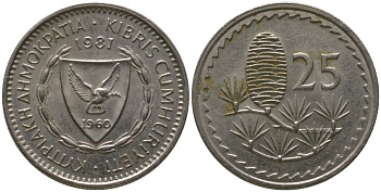 Кипр 25 милей 1981 KM 40 медно-никель 4567-711