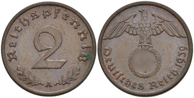 Германия 2 рейхспфеннига 1939 A KM 90, J. 362 бронза 4151-132