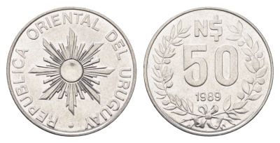 Уругвай 50 новых песо 1989 год-тип KM 94 нержавеющая сталь 4663-341