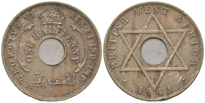 Британская Западная Африка 1/2 пенни 1943 Георг VI (1936-1952) KM 18 медно-никель 4620-321