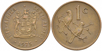 ЮАР 1 ЦЕНТ 1975 ГЕРБ, КАПСКИЕ ВОРОБЬИ KM 82 бронза 3309-614