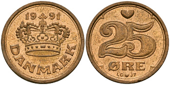 Дания 25 эре 1991 Маргрете II (1972- ) KM 868 бронза 4136-357