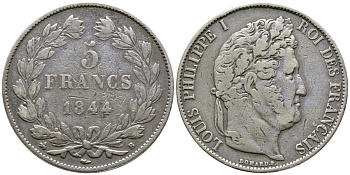 Франция 5 франков 1844 B, Луи Филипп I (1830-1848) KM 749.2 серебро 4386-124
