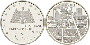 ФРГ 10 евро 2003 F, Рурский бассейн, промышленная зона KM 224, DE.S. 10.10 серебро PROOF 1076-3-33
