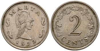 Мальта 2 цента 1972 Пентесилея, царица амазонок KM 9 медь цинк 4154-655