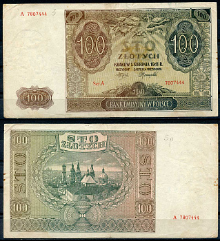 Польша 100 злотых 1941 Эмиссионный банк в Польше (немецкая оккупация) Pick 103 a бумага 8607-57-1-2