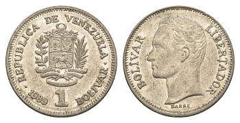 Венесуэла 1 боливар 1989 Симон Боливар, тонкий шрифт Y 52a.1 сталь плакированная никелем 4591-121