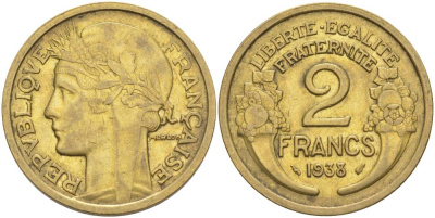 ФРАНЦИЯ 2 ФРАНКА 1938 ТИП MORLON KM 886, LE FRANC 268.11 алюминиевая бронза 3855-124