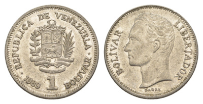 Венесуэла 1 боливар 1989 Симон Боливар, тонкий шрифт Y 52a.1 сталь плакированная никелем 4591-121