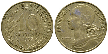 ФРАНЦИЯ 10 САНТИМОВ 1993 ТИП MARIANNE KM 929, LE FRANC 144.35 медь алюминий никель 93-1332