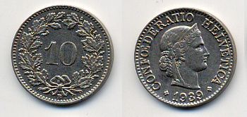 Швейцария 10 раппенов 1939 B KM 27b никель     54-752