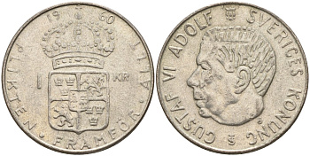 Швеция 1 крона 1960 TS, Густав VI Адольф (1950-1973) KM 826 серебро 4150-114