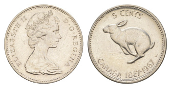 Канада 5 центов 1967 100 лет Конфедерации Канада KM 66 никель aUNC 4630-714