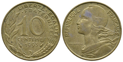 ФРАНЦИЯ 10 САНТИМОВ 1993 ТИП MARIANNE KM 929, LE FRANC 144.35 медь алюминий никель 93-1332