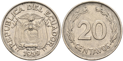 Эквадор 20 сентаво 1959 первый год KM 77.1с сталь плакированная никелем 4595-645