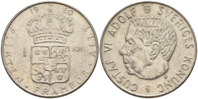 Швеция 1 крона 1960 TS, Густав VI Адольф (1950-1973) KM 826 серебро 4150-114