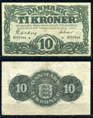 Дания 10 крон 1945 серия a Pick 37 b бумага 6301-43-2-2