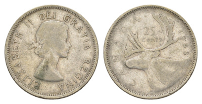 Канада 25 центов 1953 Елизавета II (1952-2022), олень KM 52 серебро 73-1431