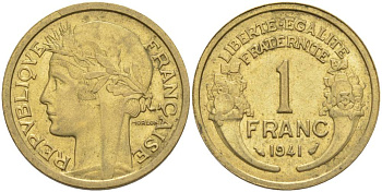 ФРАНЦИЯ 1 ФРАНК 1941 ТИП MORLON KM 885, LE FRANC 219.12 алюминиевая бронза 3853-233
