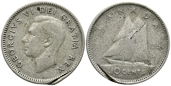 Канада 10 центов 1950 ПАРУСНИК, ГЕОРГ VI (1937-1952), ПРОБА 800 KM 43 серебро 4549-411