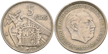 Испания 5 песет 1957(64) Франциско Франко (1939-1975) KM 786 медно-никель 4583-1211