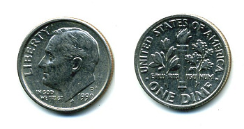 США 10 ЦЕНТОВ = 1 ДАЙМ 1990 P, РУЗВЕЛЬТ KM 195а медь плакированная медно-никелем 46-2515