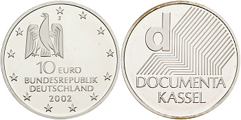 ФРГ 10 евро 2002 J, выставка документов в Касселе KM 217, DE. S. 10.3 серебро PROOF 1076-3-15