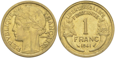 ФРАНЦИЯ 1 ФРАНК 1941 ТИП MORLON KM 885, LE FRANC 219.12 алюминиевая бронза 3853-233