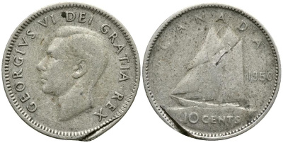 Канада 10 центов 1950 ПАРУСНИК, ГЕОРГ VI (1937-1952), ПРОБА 800 KM 43 серебро 4549-411
