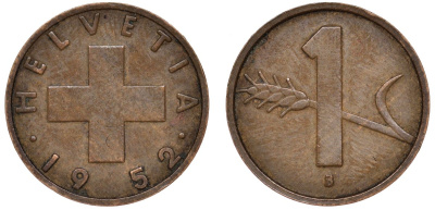 Швейцария 1 раппен 1952 KM 46 бронза 4174-141