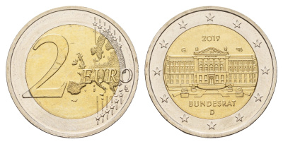 Германия 2 евро 2019 G, 70 лет Бундесрату KM 377 биметалл UNC 72-1752