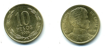 ЧИЛИ 10 ПЕСО 2006 ГЕНЕРАЛ БЕРНАРДО О ХИГГИНС KM 228.2 никель-бронза 37-255