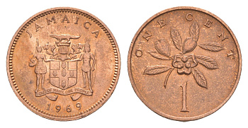 Ямайка 1 цент 1969 герб, фрукт аки KM 45 бронза UNC 4640-1262