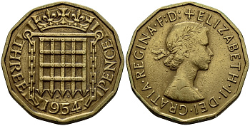 Великобритания 3 пенса 1954 Елизавета II (1952-2022) KM 900, Spink 4153 никель латунь 51-223