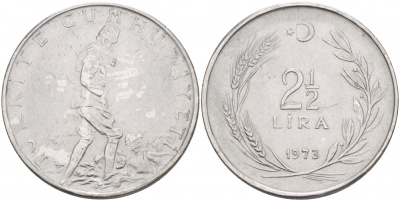 ТУРЦИЯ 2 1/2 ЛИРЫ 1973 KM 893.2 сталь 4545-311