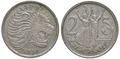 Эфиопия 25 центов 1977 EE 1969 малая голова льва KM 46.1 медно-никель 4163-945