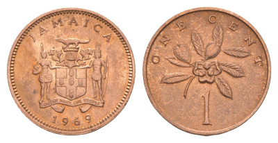 Ямайка 1 цент 1969 герб, фрукт аки KM 45 бронза UNC 4640-1262