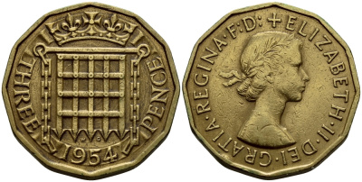 Великобритания 3 пенса 1954 Елизавета II (1952-2022) KM 900, Spink 4153 никель латунь 51-223