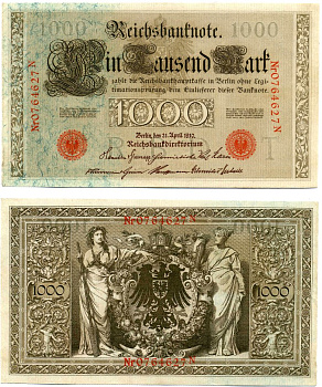 Германия 1000 марок 1910 21 апреля 1910, буква T, номер семизначный, серия N, выпуск (09.1922) Pick 44b, Розенберг 45с бумага 8618-23-1-1