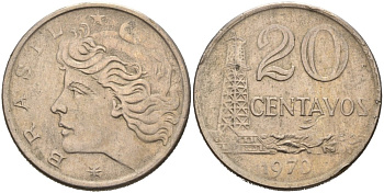 Бразилия 20 сентаво 1970 голова Свободы влево KM 579.2, Schon 84a медно-никель 4178-451