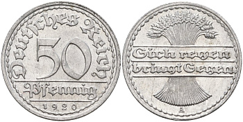 Германия 50 пфеннигов 1920 A KM 27, J.301, Weege 10 алюминий UNC 4584-715