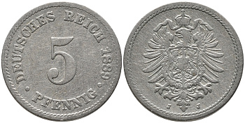ГЕРМАНИЯ 5 ПФЕННИГОВ 1889 J, СТАРОГЕРБОВКА KM 3, J.3 медно-никель 96-619