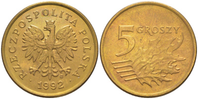 Польша 5 грошей 1992 MW KM 278 латунь UNC 187-862