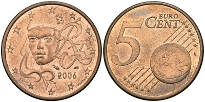 Франция 5 евроцентов 2006 KM 1284 сталь плакированная медью 540-726