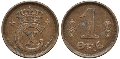 Дания 1 эре 1919 HCN; GJ, Кристиан X (1912-1947) KM 812.2 бронза 26-923