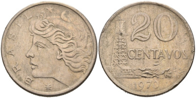 Бразилия 20 сентаво 1970 голова Свободы влево KM 579.2, Schon 84a медно-никель 4178-451